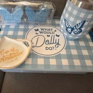 Dolly Parton Blue and White Checkered Container, tumbler, shakers and holder